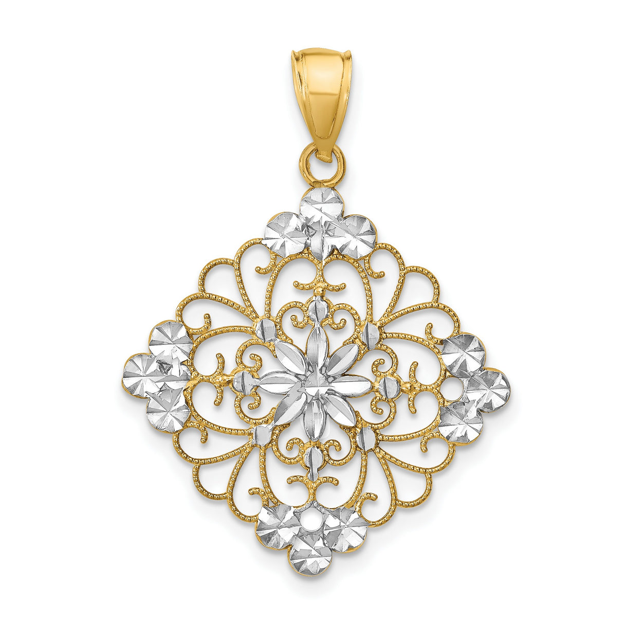 14k Two-Tone Gold Filigree Floral Pendant with Scrollwork Detail for Women