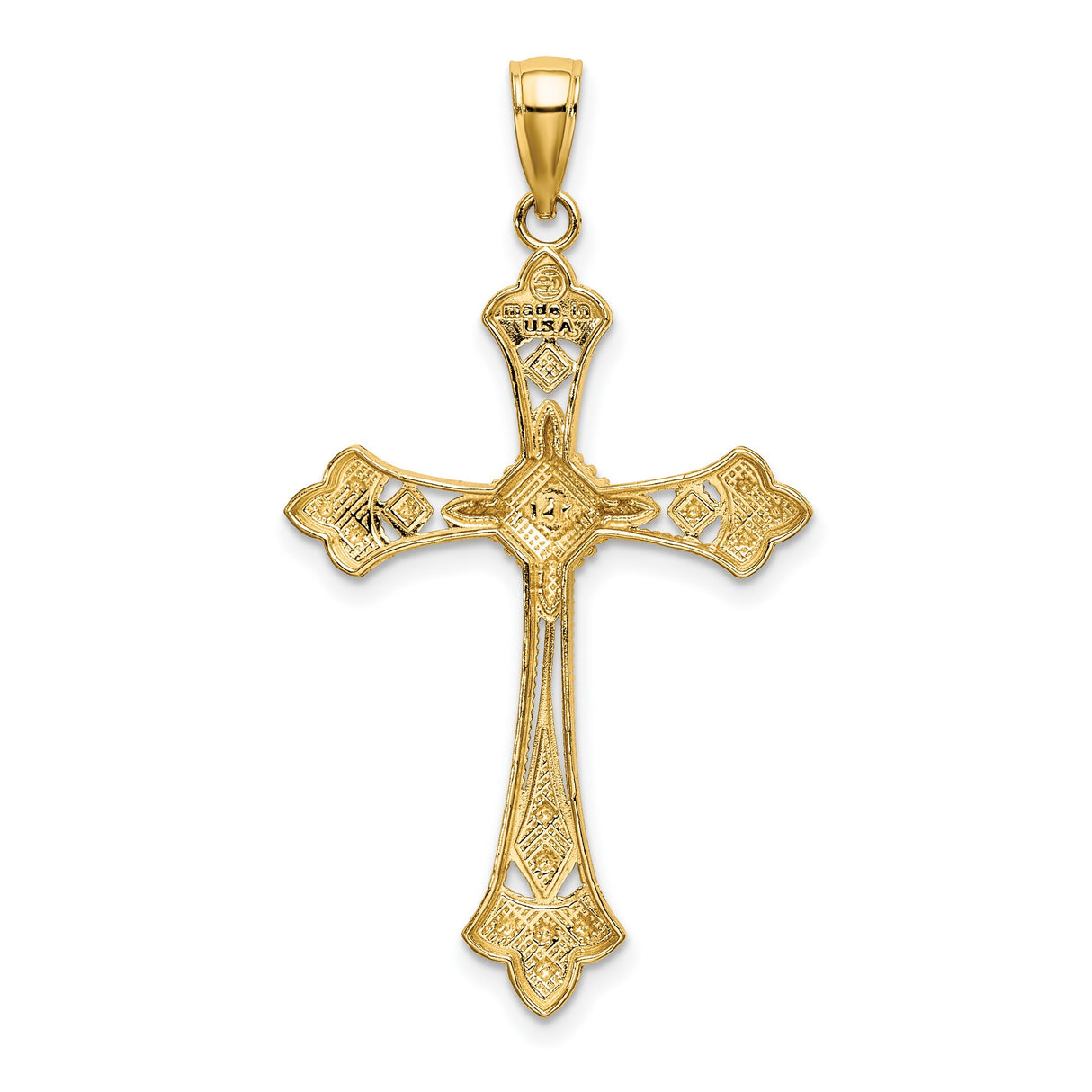 14k Yellow and White Gold Cross Pendant with Filigree Teardrop Sunburst Design