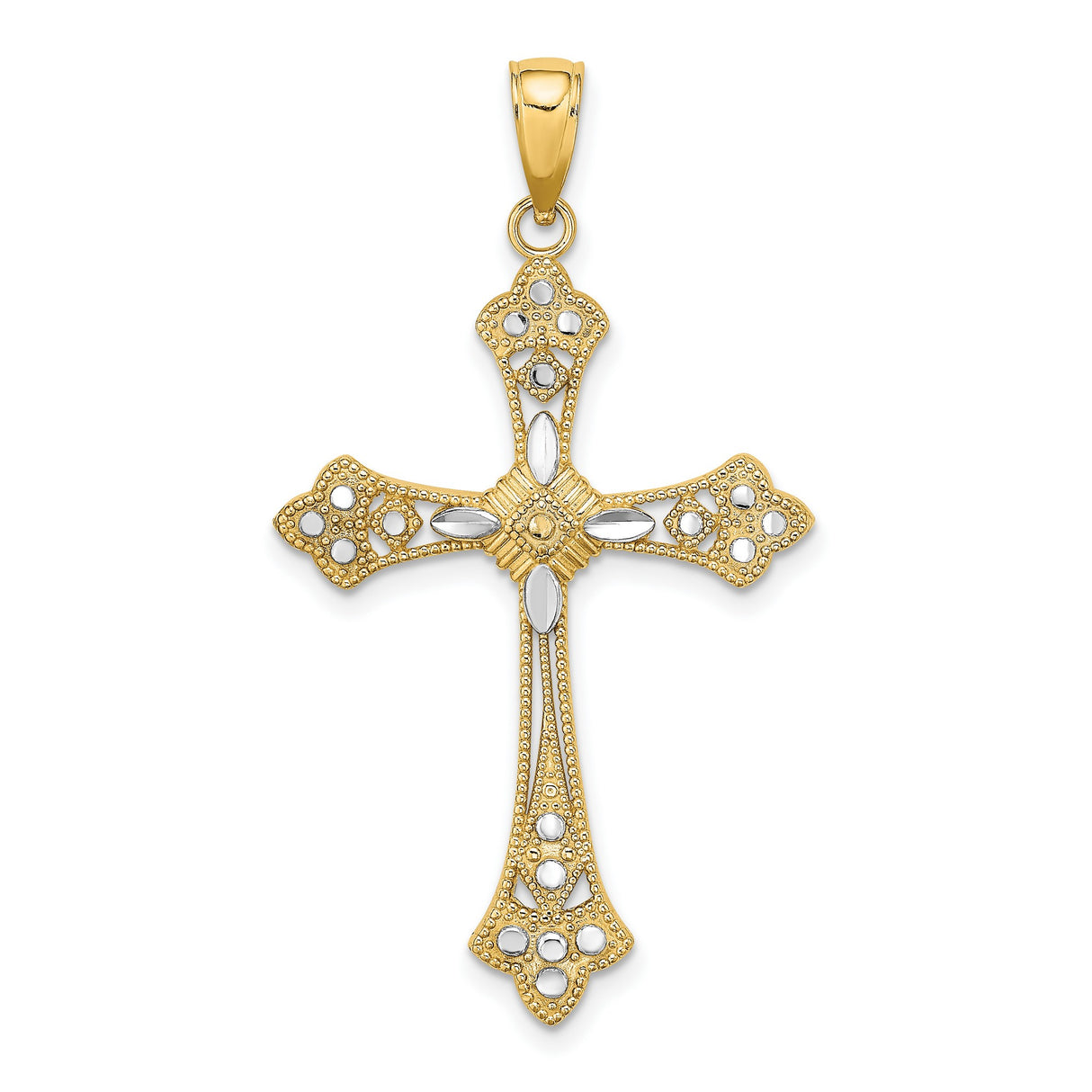 14k Yellow and White Gold Cross Pendant with Filigree Teardrop Sunburst Design
