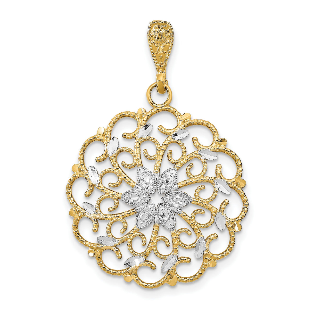 14k Multi-Tone Gold Floral Filigree Pendant, Two-Tone Openwork Design for Women