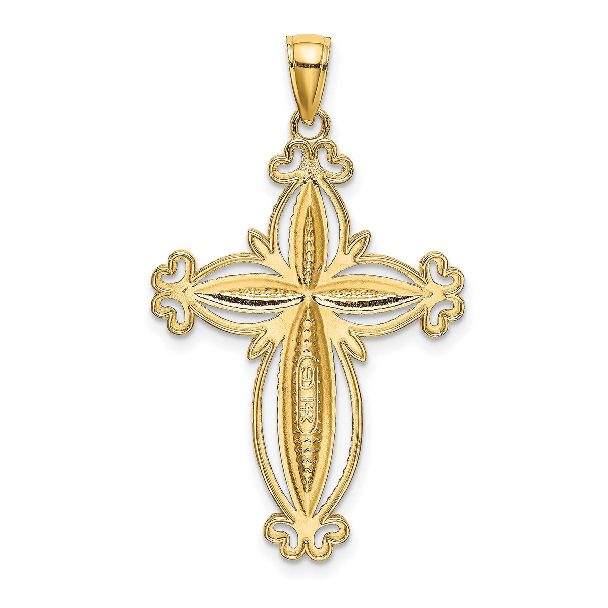 14k Yellow and White Gold Cross Pendant with Openwork Filigree and Beaded Edge