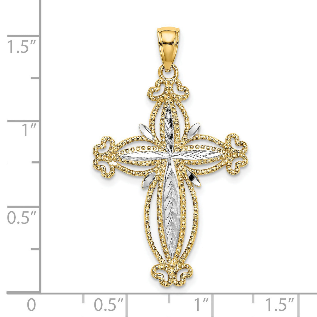 14k Yellow and White Gold Cross Pendant with Openwork Filigree and Beaded Edge