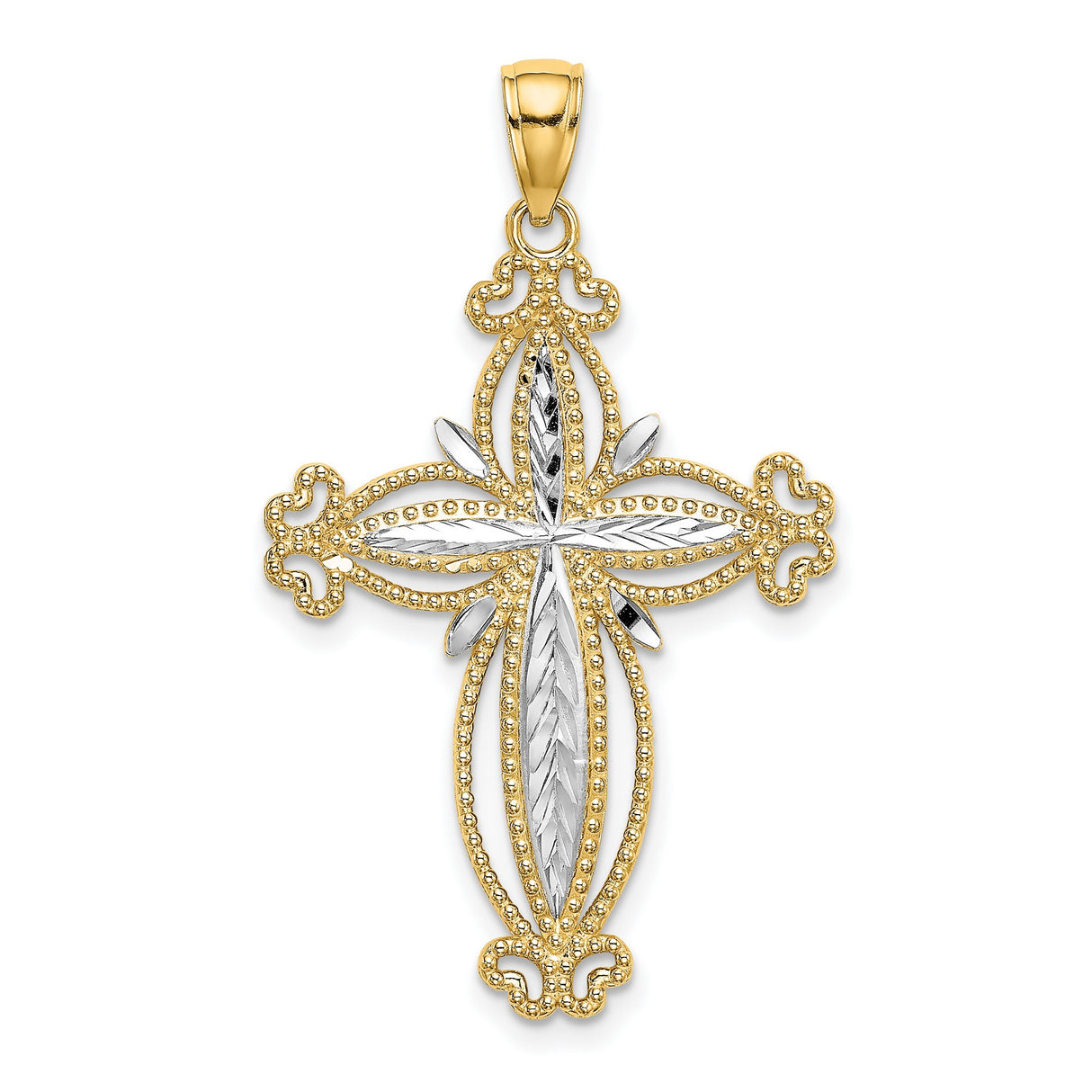 14k Yellow and White Gold Cross Pendant with Openwork Filigree and Beaded Edge