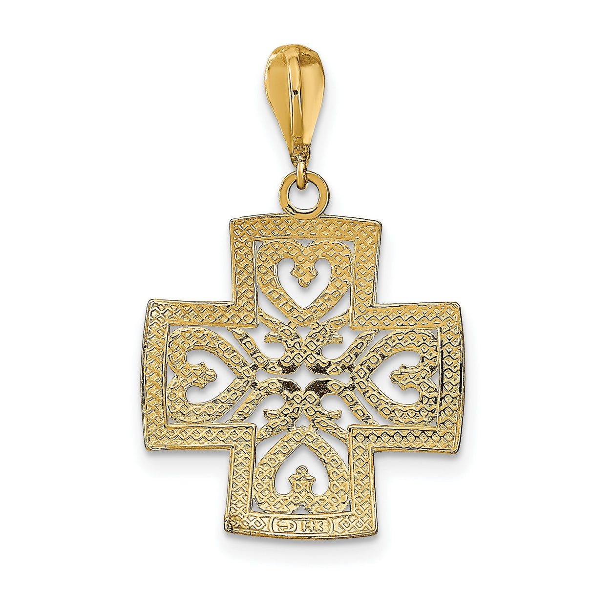 14k Yellow and White Gold Cross Pendant with Heart Inlay and Vintage Scrollwork Design