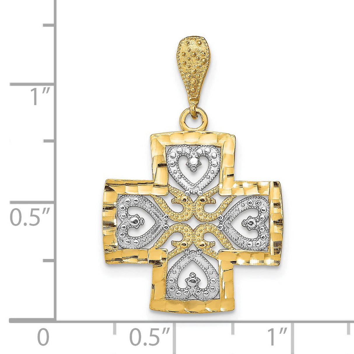 14k Yellow and White Gold Cross Pendant with Heart Inlay and Vintage Scrollwork Design