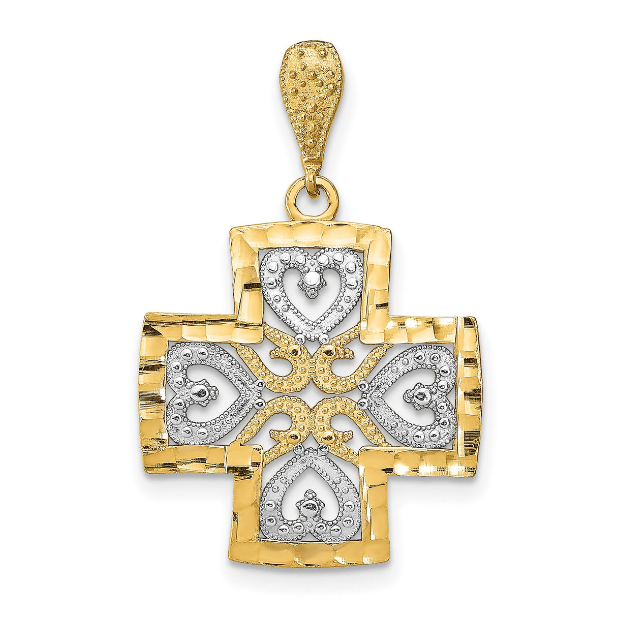 14k Yellow and White Gold Cross Pendant with Heart Inlay and Vintage Scrollwork Design