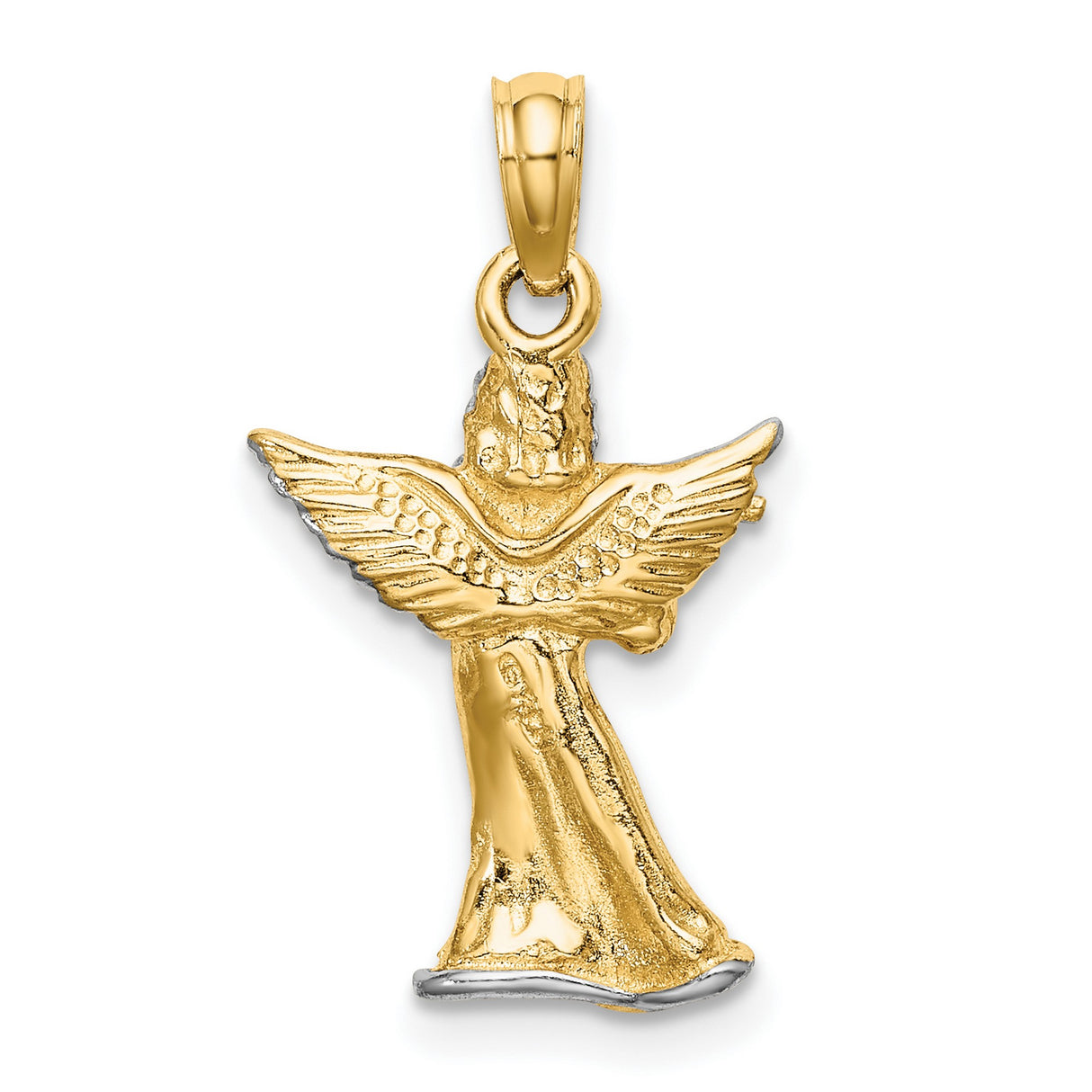 14k Multi-Tone Gold Angel Playing Flute Pendant, Christian Religious Charm for Women