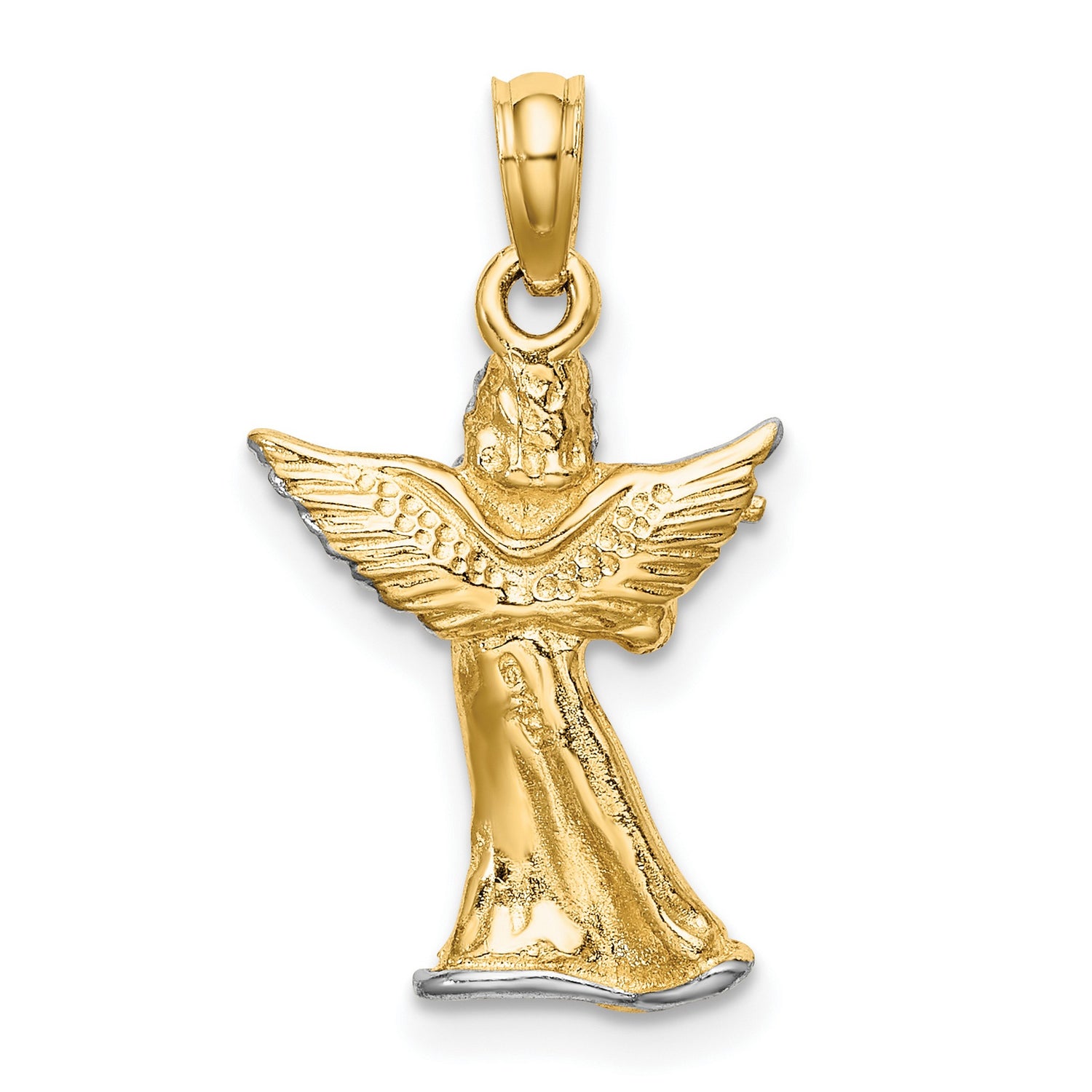 14k Multi-Tone Gold Angel Playing Flute Pendant, Christian Religious Charm for Women