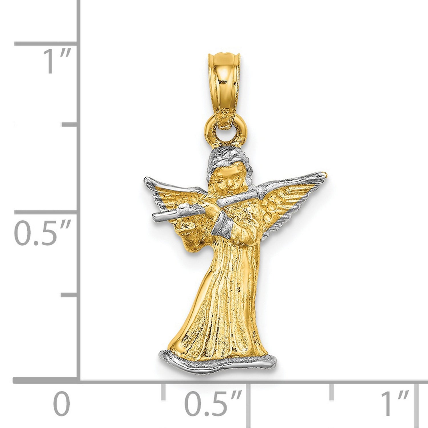 14k Multi-Tone Gold Angel Playing Flute Pendant, Christian Religious Charm for Women