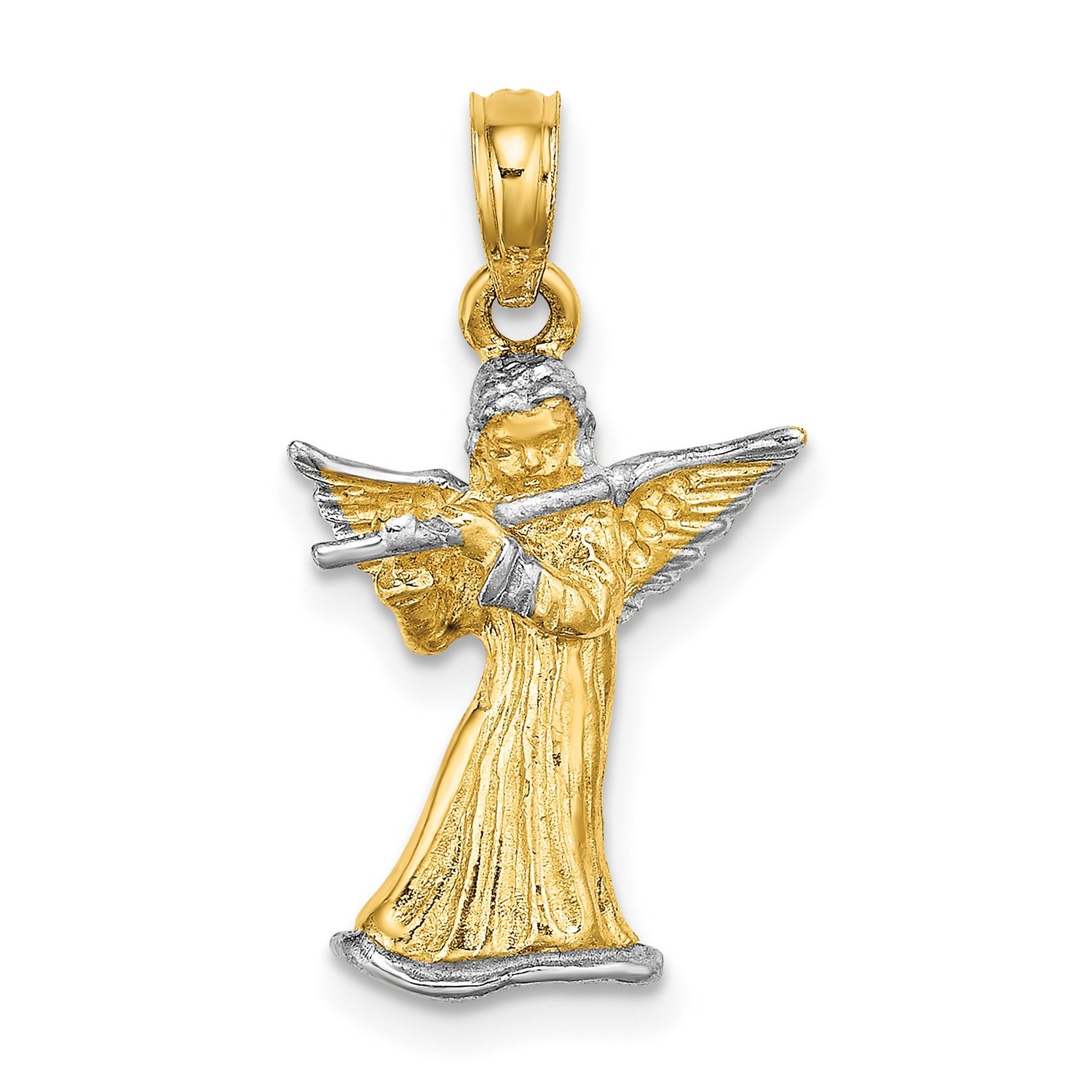 14k Multi-Tone Gold Angel Playing Flute Pendant, Christian Religious Charm for Women