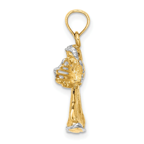 14k Yellow Gold Angel Pendant with Harp, Two-Tone Religious Charm Symbolizing Faith and Peace