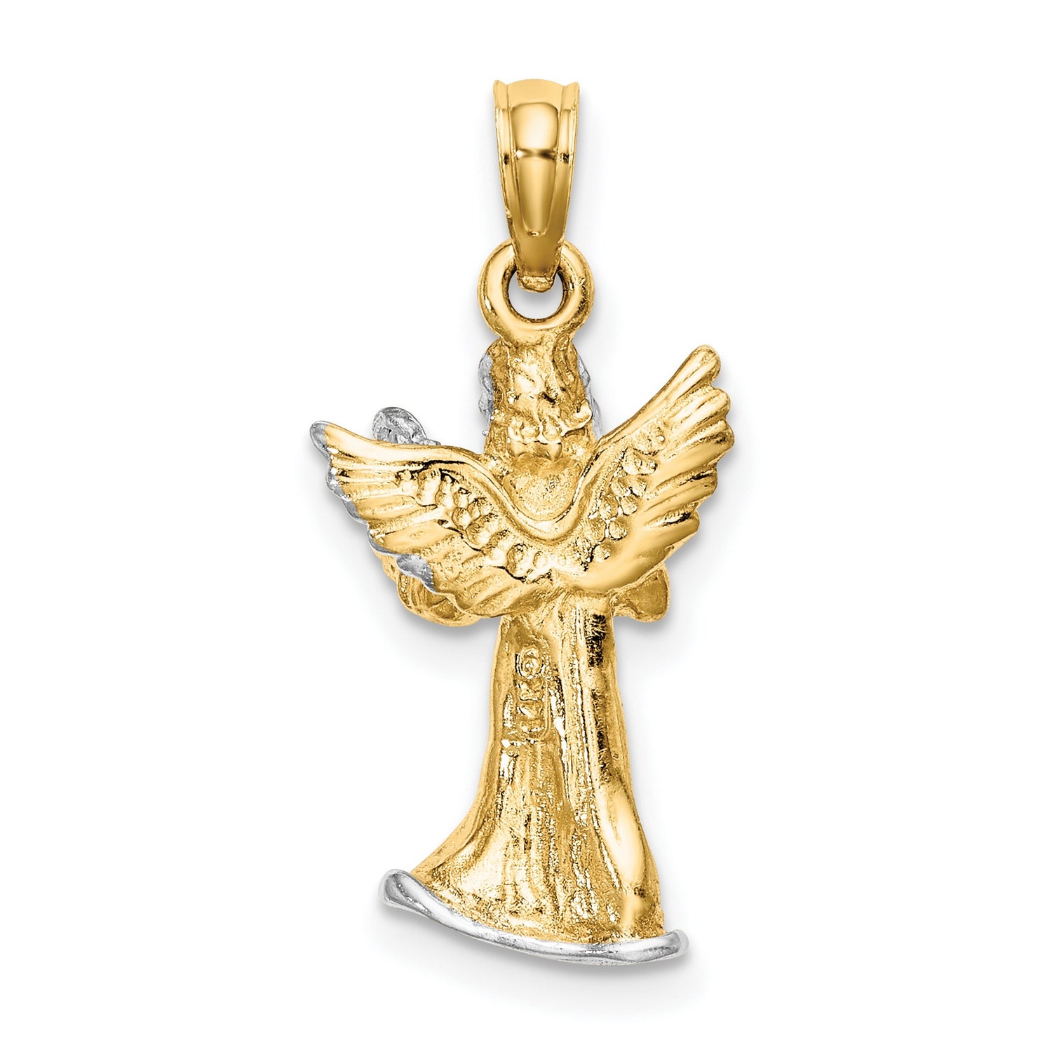 14k Yellow Gold Angel Pendant with Harp, Two-Tone Religious Charm Symbolizing Faith and Peace