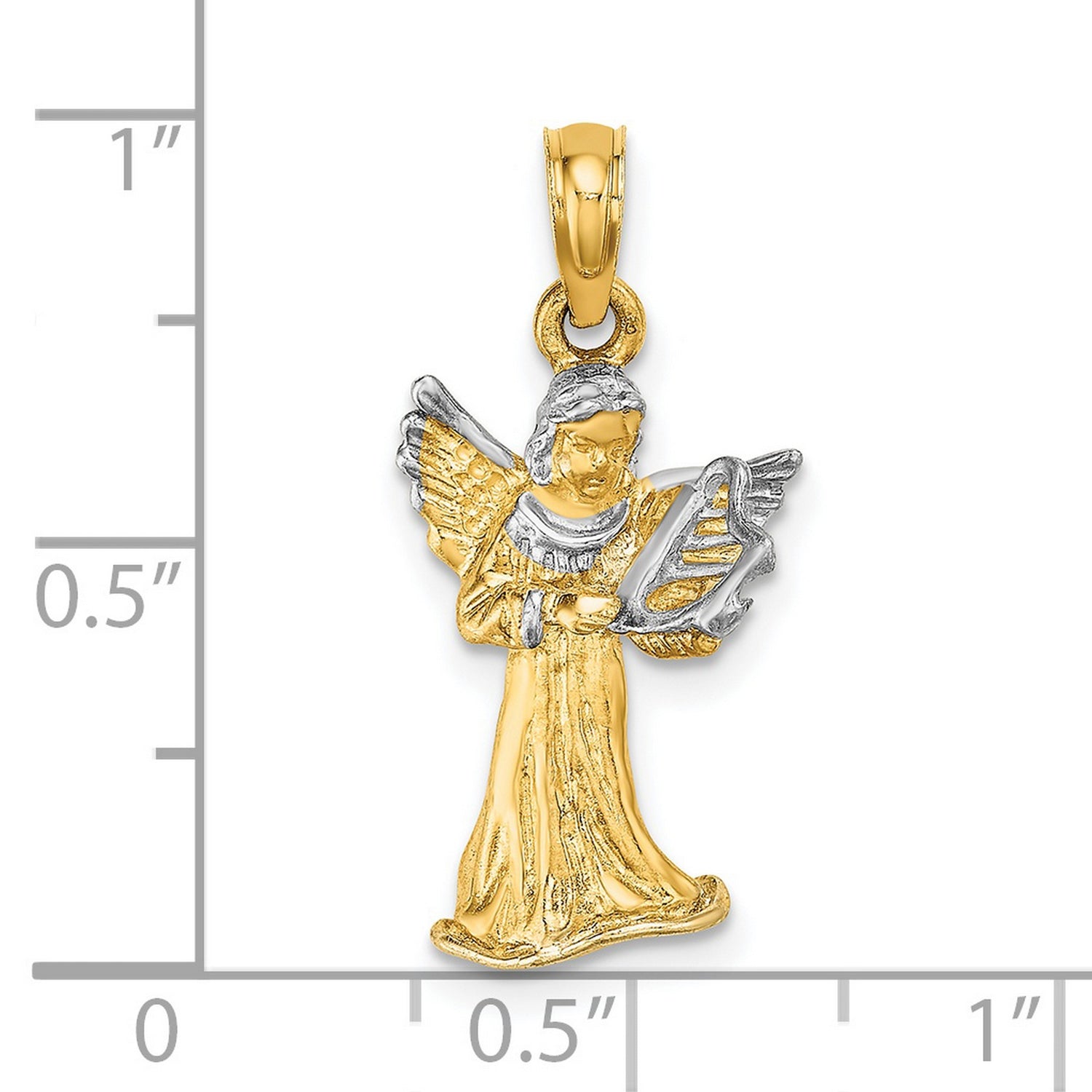 14k Yellow Gold Angel Pendant with Harp, Two-Tone Religious Charm Symbolizing Faith and Peace
