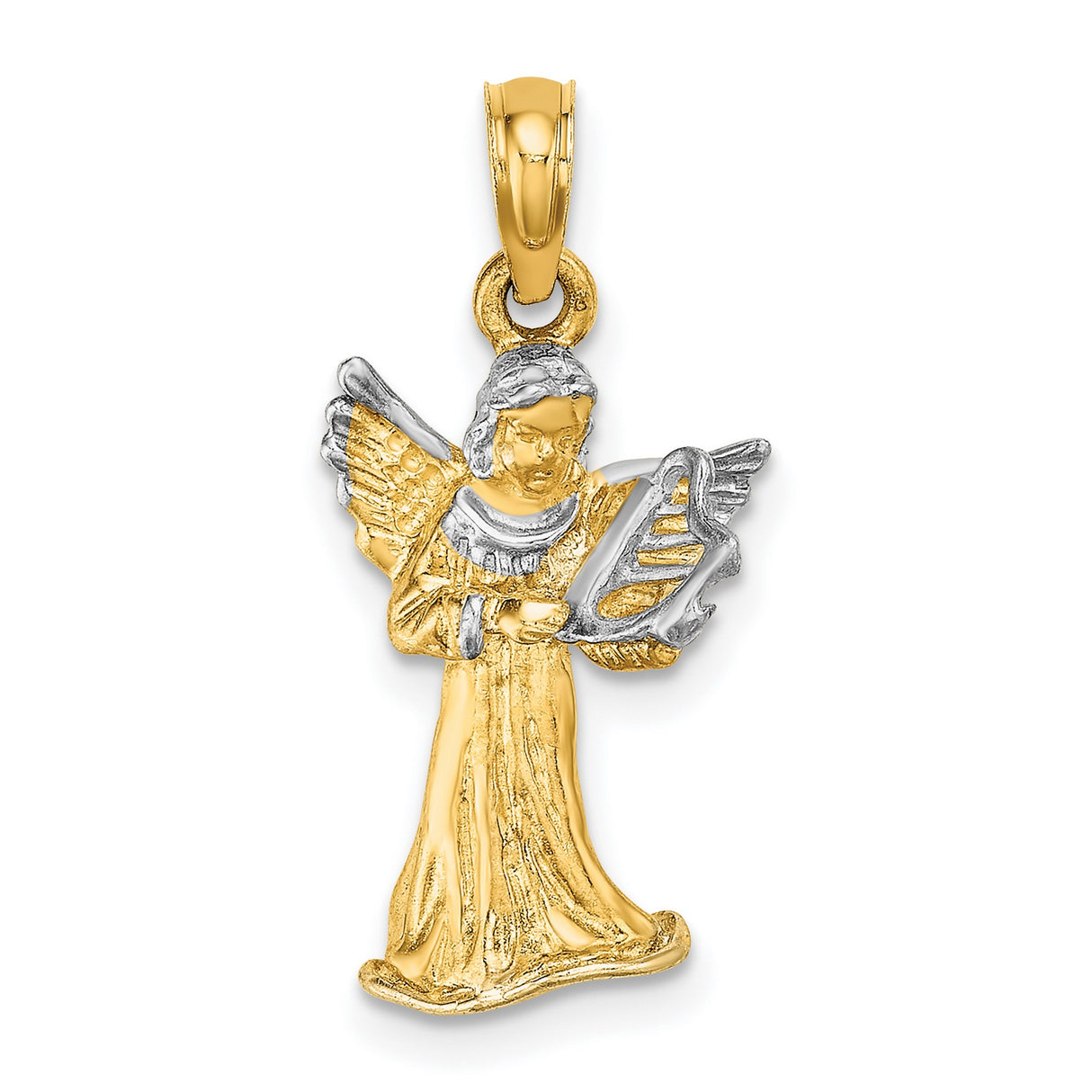 14k Yellow Gold Angel Pendant with Harp, Two-Tone Religious Charm Symbolizing Faith and Peace