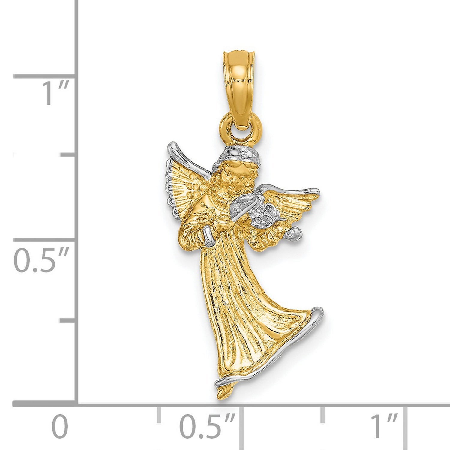 14k Multi-Tone Gold Angel Harp Pendant with Rhodium Accents, Religious Charm for Women
