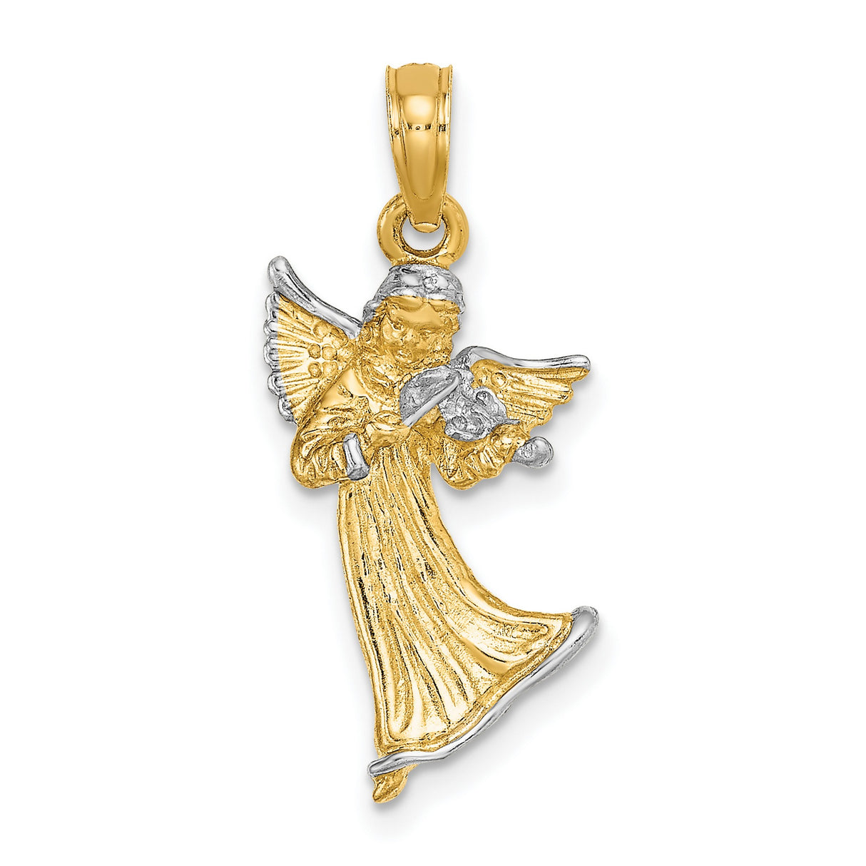 14k Multi-Tone Gold Angel Harp Pendant with Rhodium Accents, Religious Charm for Women