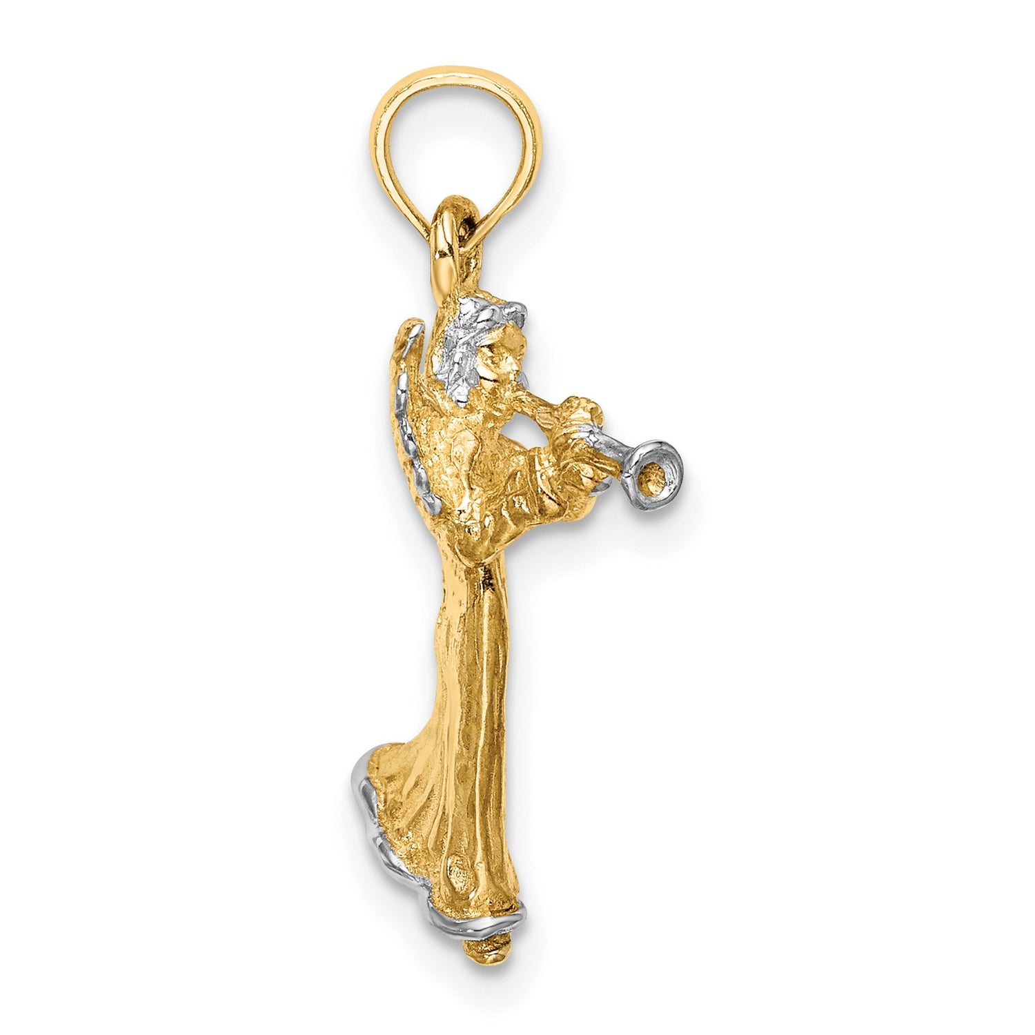 14k Two-Tone Gold Angel Pendant with Trumpet, Religious Christian Jewelry