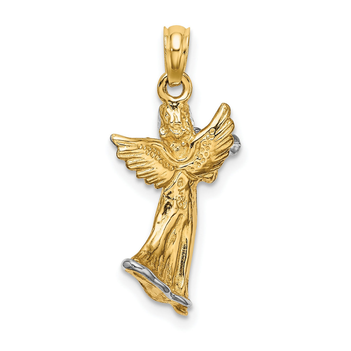 14k Two-Tone Gold Angel Pendant with Trumpet, Religious Christian Jewelry
