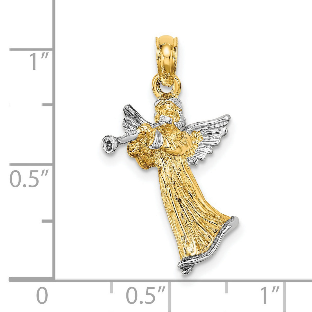 14k Two-Tone Gold Angel Pendant with Trumpet, Religious Christian Jewelry
