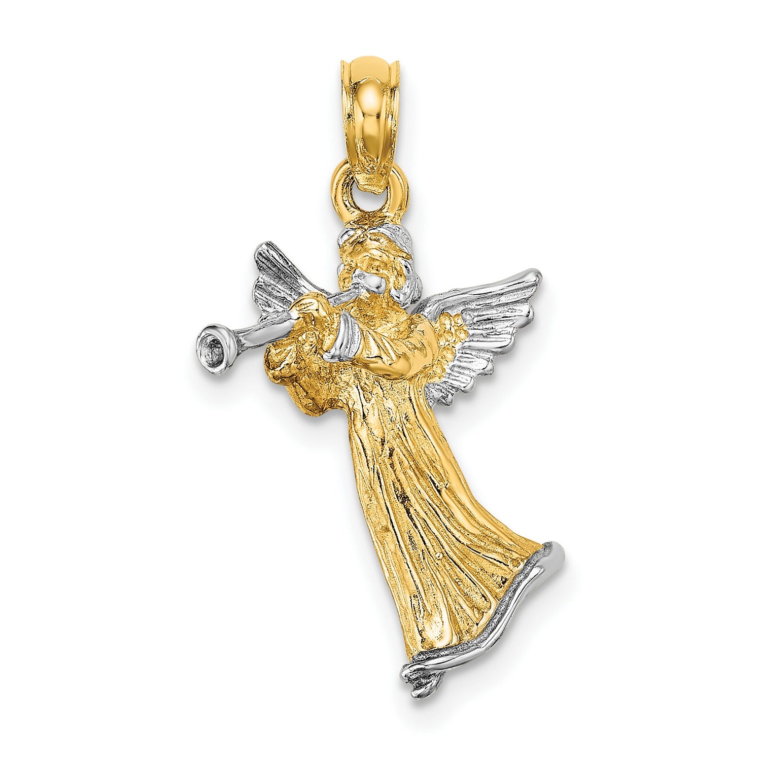 14k Two-Tone Gold Angel Pendant with Trumpet, Religious Christian Jewelry