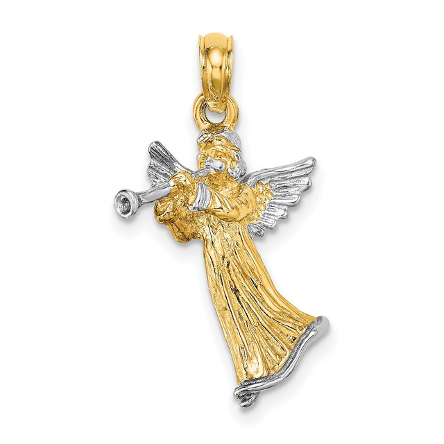14k Two-Tone Gold Angel Pendant with Trumpet, Religious Christian Jewelry