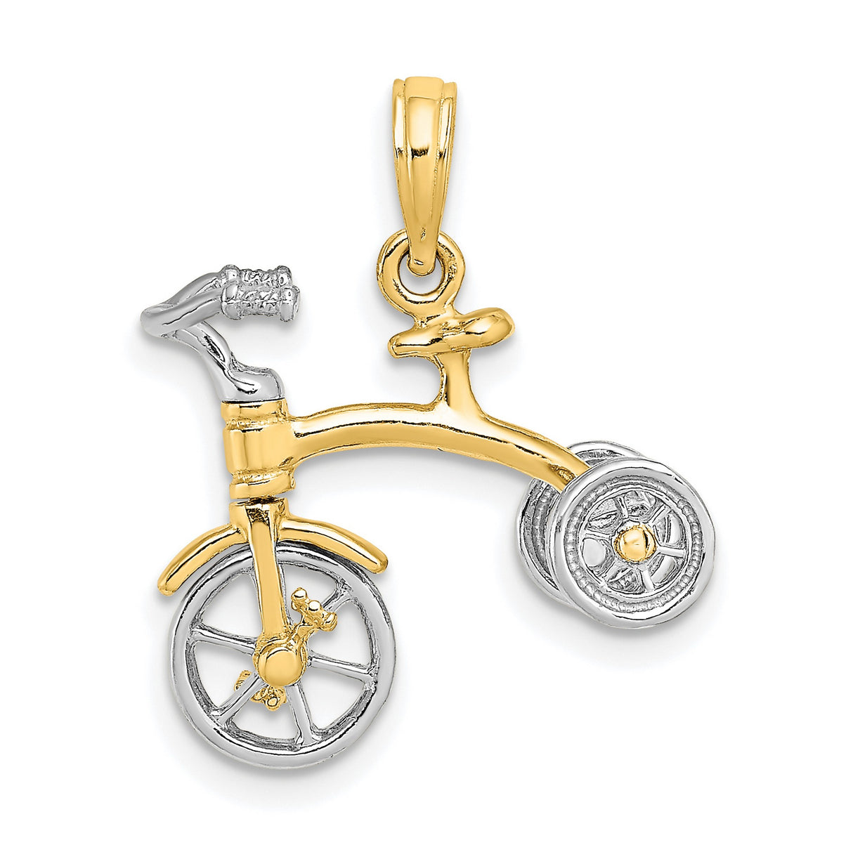14k Two-Tone Gold Tricycle Pendant, Movable Miniature Bike Charm, Vintage Cycling Jewelry