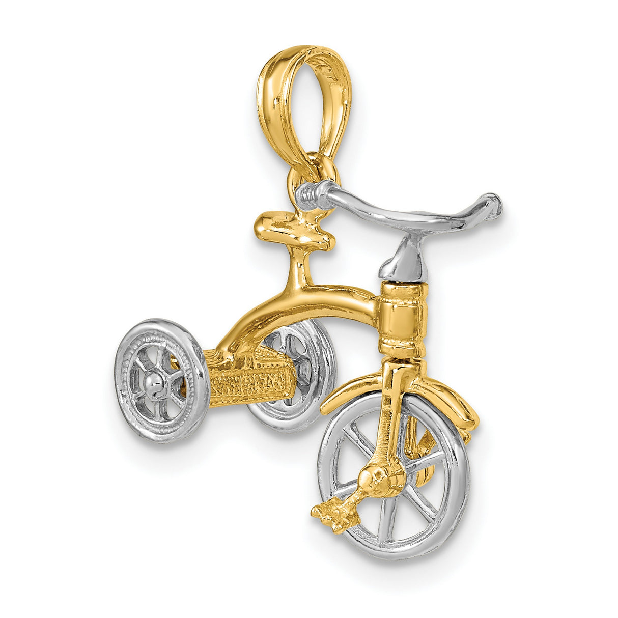 14k Two-Tone Gold Tricycle Pendant, Movable Miniature Bike Charm, Vintage Cycling Jewelry