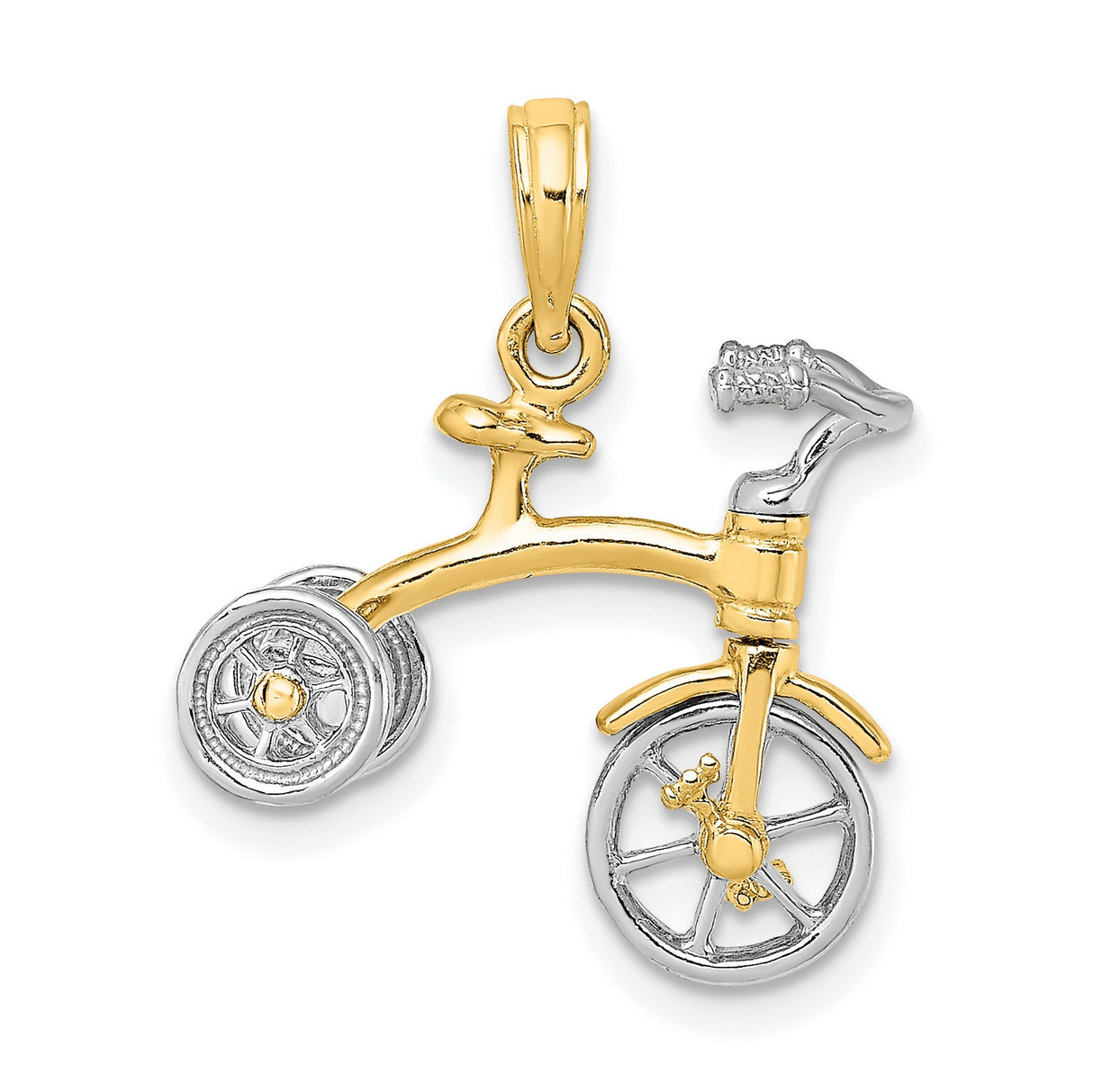 14k Two-Tone Gold Tricycle Pendant, Movable Miniature Bike Charm, Vintage Cycling Jewelry