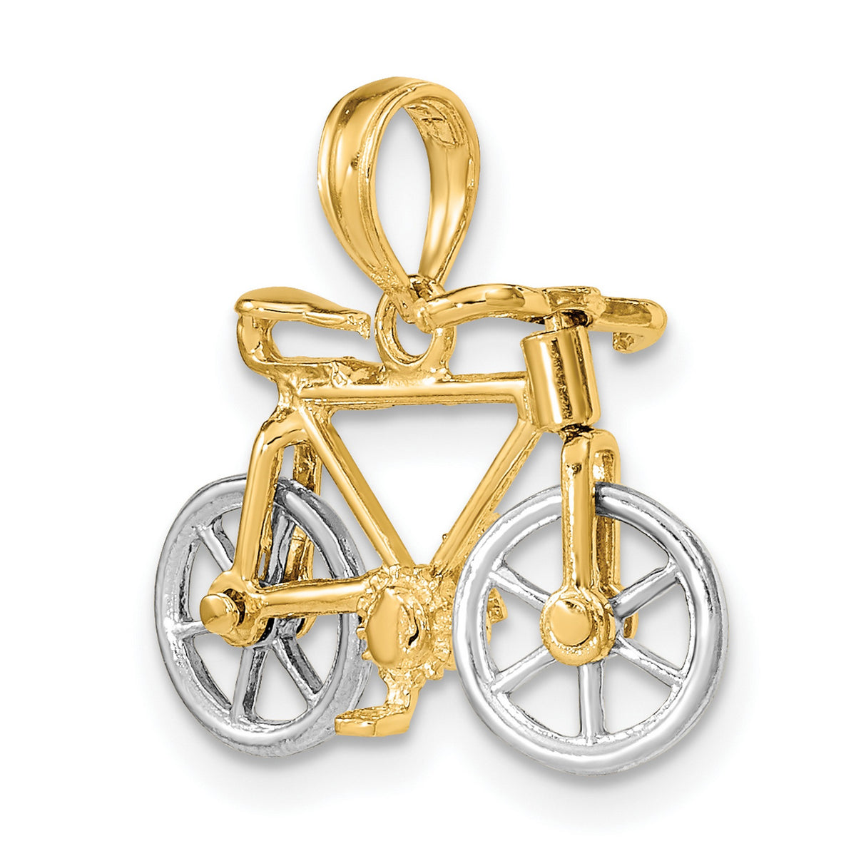 14k Two-Tone Gold Bicycle Pendant with Handlebars and Gears - Cycling Charm Jewelry