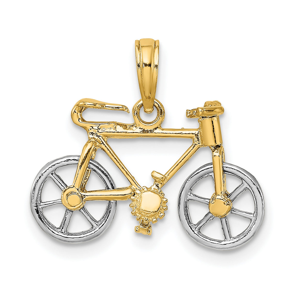 14k Two-Tone Gold Bicycle Pendant with Handlebars and Gears - Cycling Charm Jewelry