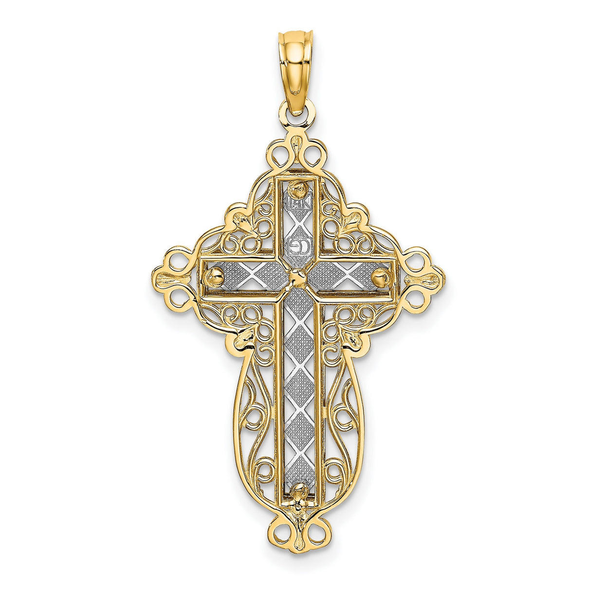14k Two-Tone Gold Cross Pendant with Raised Pattern and Openwork Filigree Design