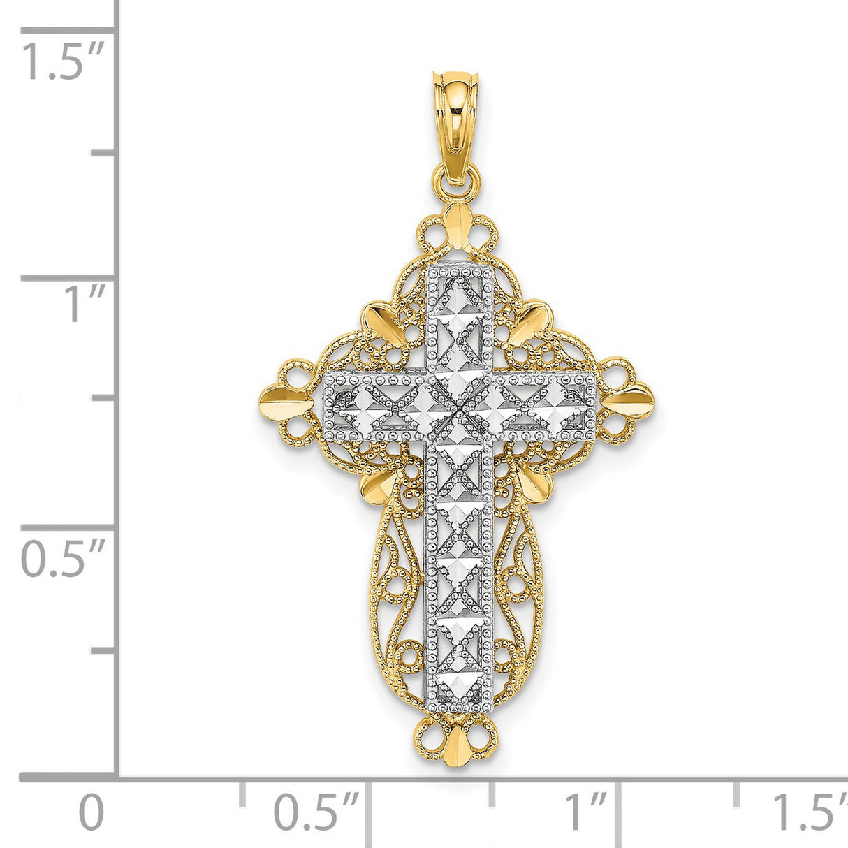 14k Two-Tone Gold Cross Pendant with Raised Pattern and Openwork Filigree Design