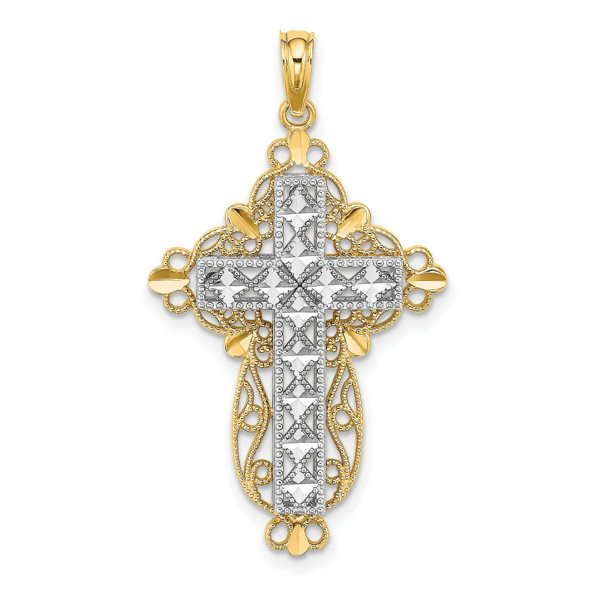 14k Two-Tone Gold Cross Pendant with Raised Pattern and Openwork Filigree Design