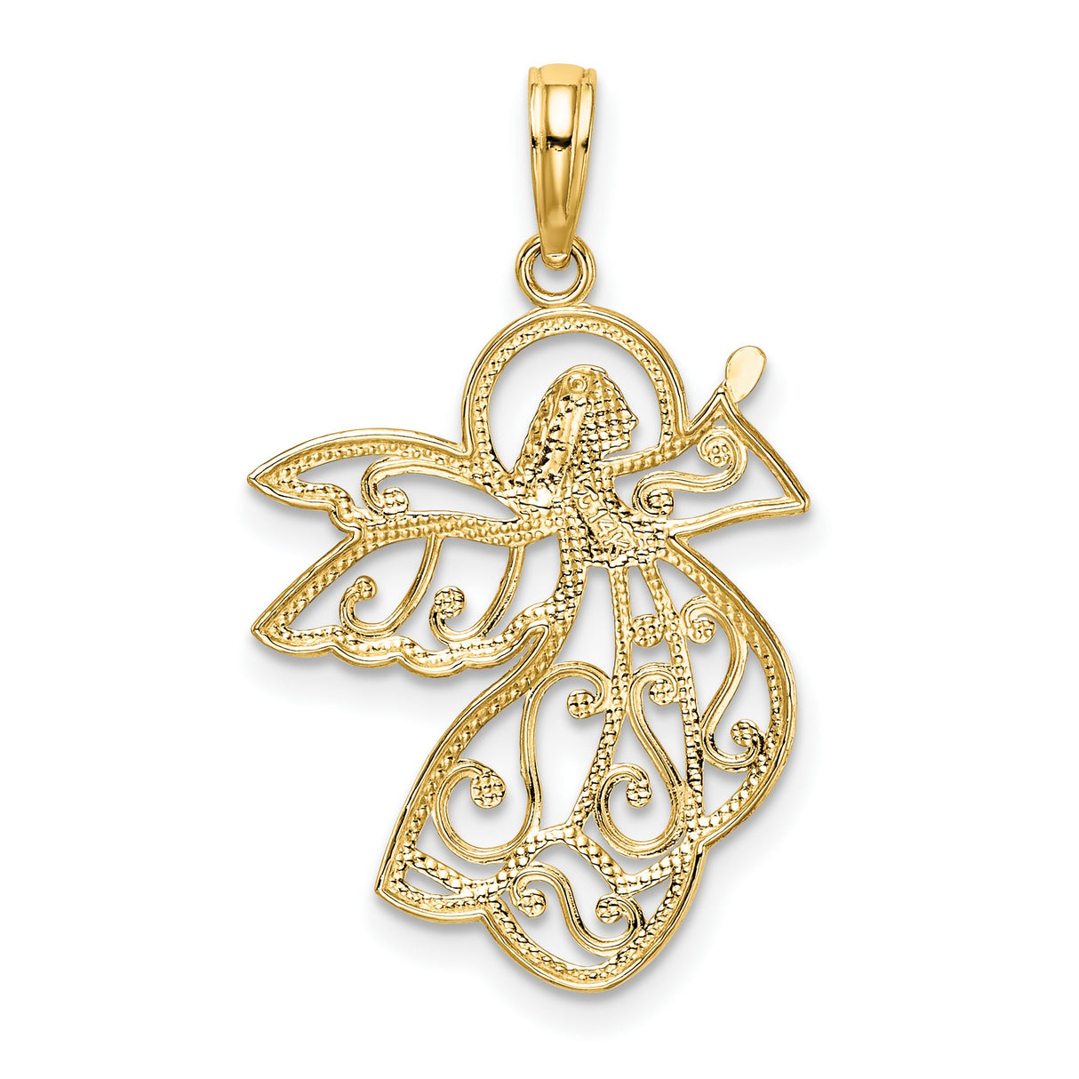 14k Two-Tone Gold Angel Pendant with Filigree Wings and Halo