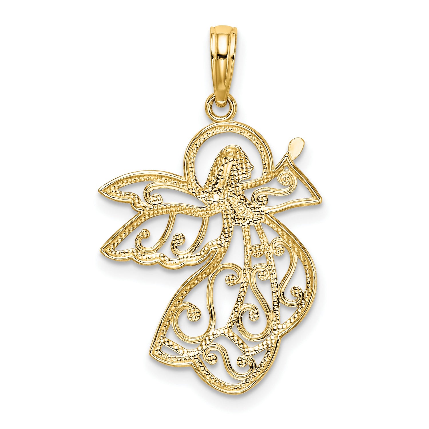 14k Two-Tone Gold Angel Pendant with Filigree Wings and Halo