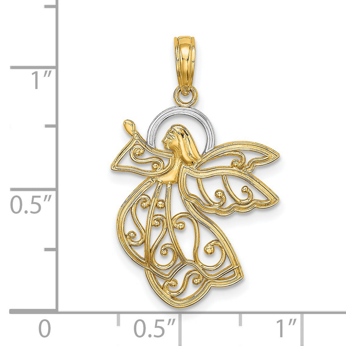 14k Two-Tone Gold Angel Pendant with Filigree Wings and Halo