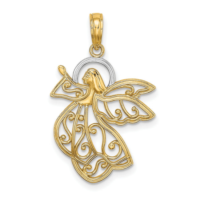 14k Two-Tone Gold Angel Pendant with Filigree Wings and Halo