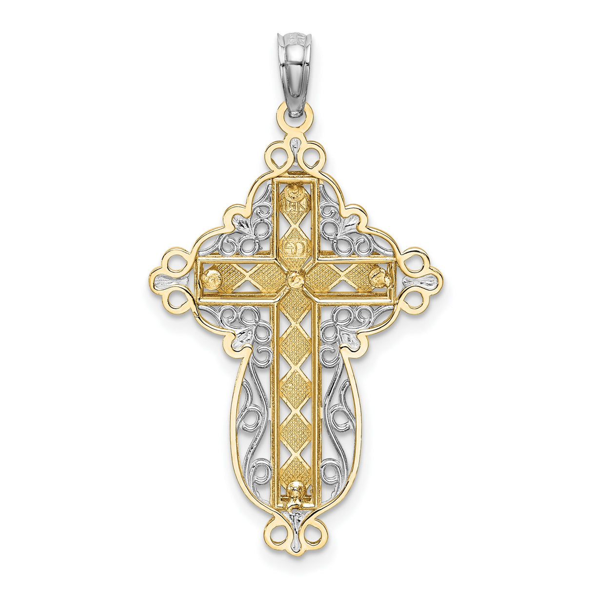 14k Multi-Tone Gold Cross Pendant with Filigree Scrollwork and Milgrain Detail