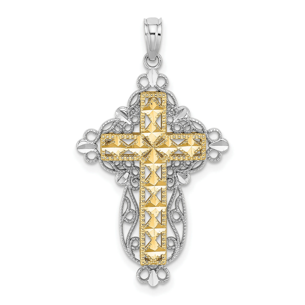 14k Multi-Tone Gold Cross Pendant with Filigree Scrollwork and Milgrain Detail