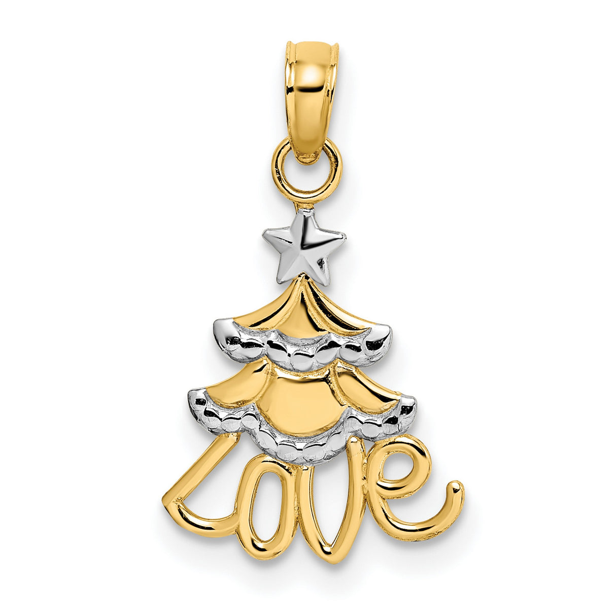 14k Multi-Tone Gold Christmas Tree Pendant with Star and Love Base, Holiday Charm for Women