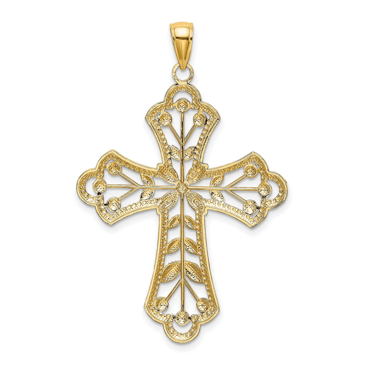 14k Two-Tone Gold Cross Pendant with Beaded Border and Floral Leaf Design