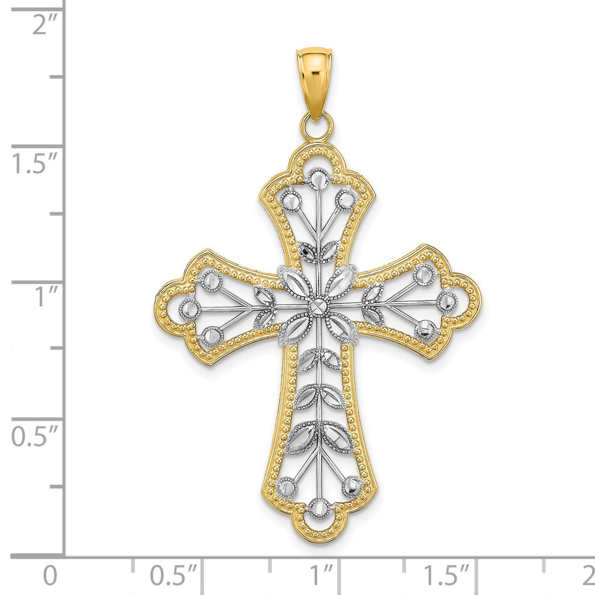 14k Two-Tone Gold Cross Pendant with Beaded Border and Floral Leaf Design