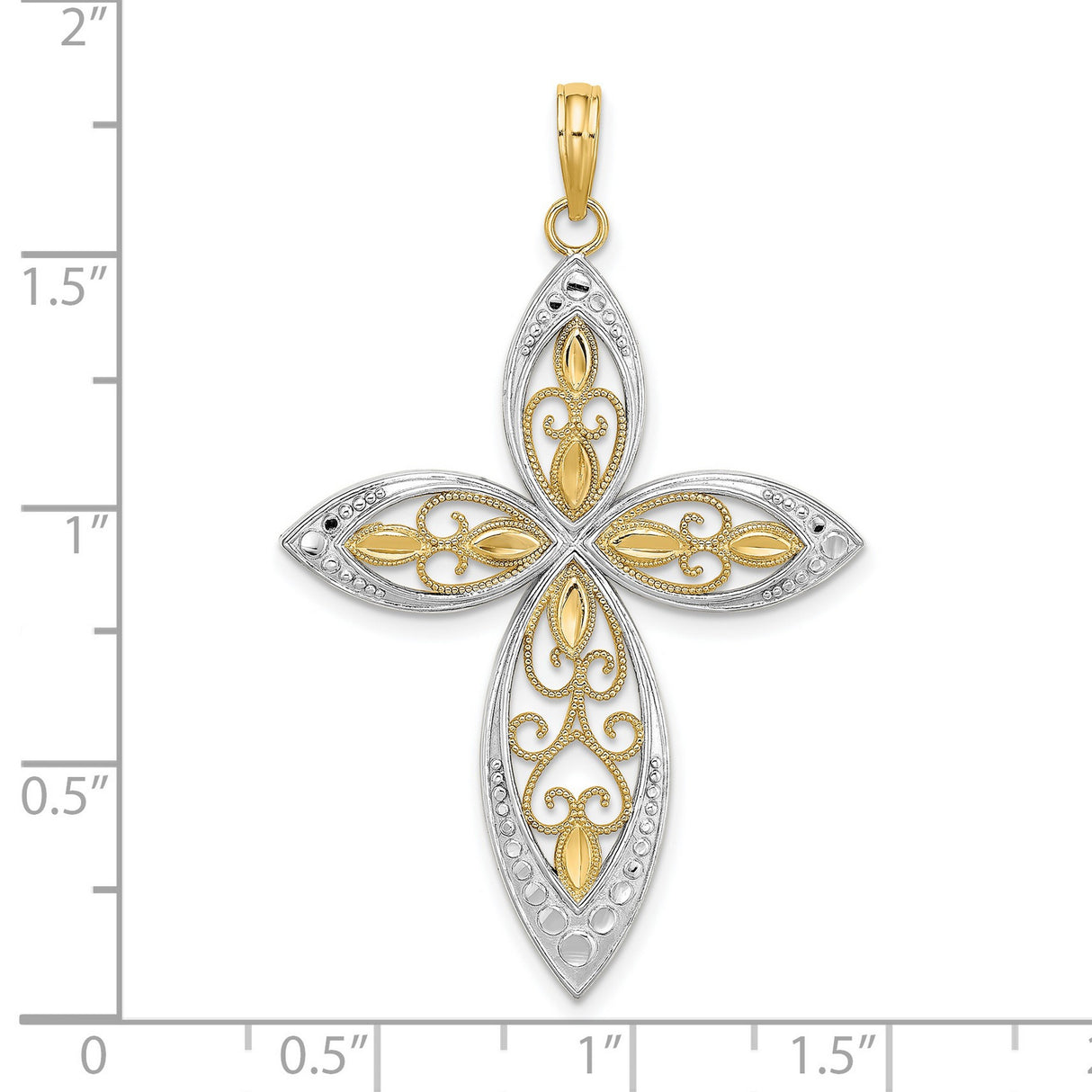 14k Two-Tone Gold Cross Pendant with Filigree Detailing and Beaded Edge