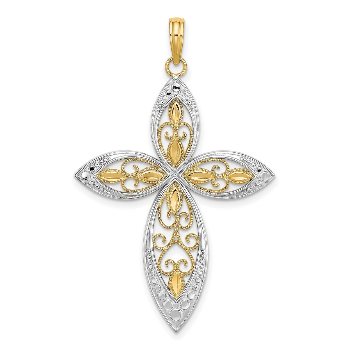 14k Two-Tone Gold Cross Pendant with Filigree Detailing and Beaded Edge