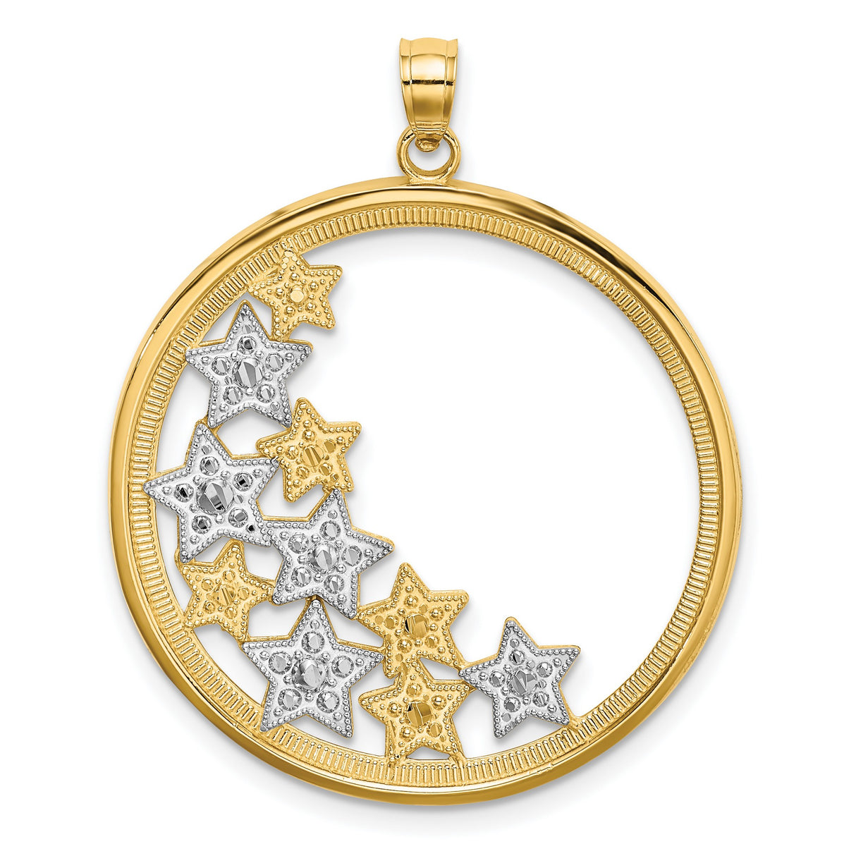14k Two-Tone Gold Pendant with Open Circle Star Design and Textured Accents