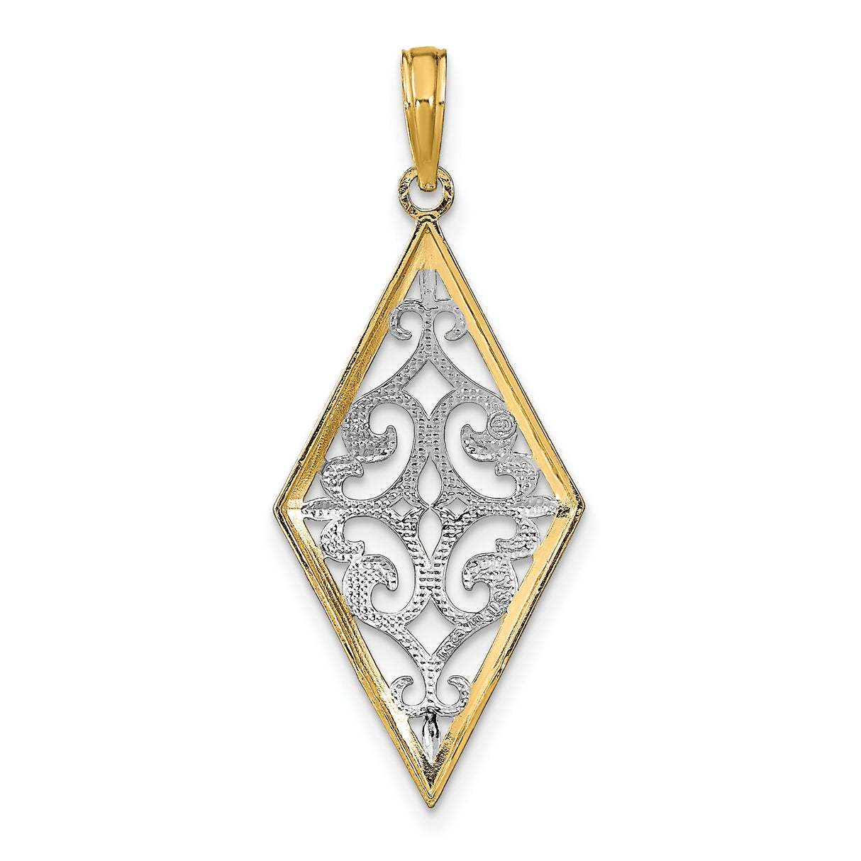 14k Two-Tone Gold Pendant, Diamond-Shaped Filigree with Openwork Scroll Design, Vintage Style