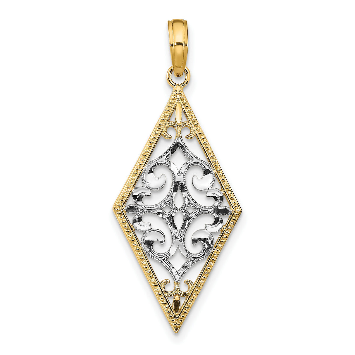 14k Two-Tone Gold Pendant, Diamond-Shaped Filigree with Openwork Scroll Design, Vintage Style
