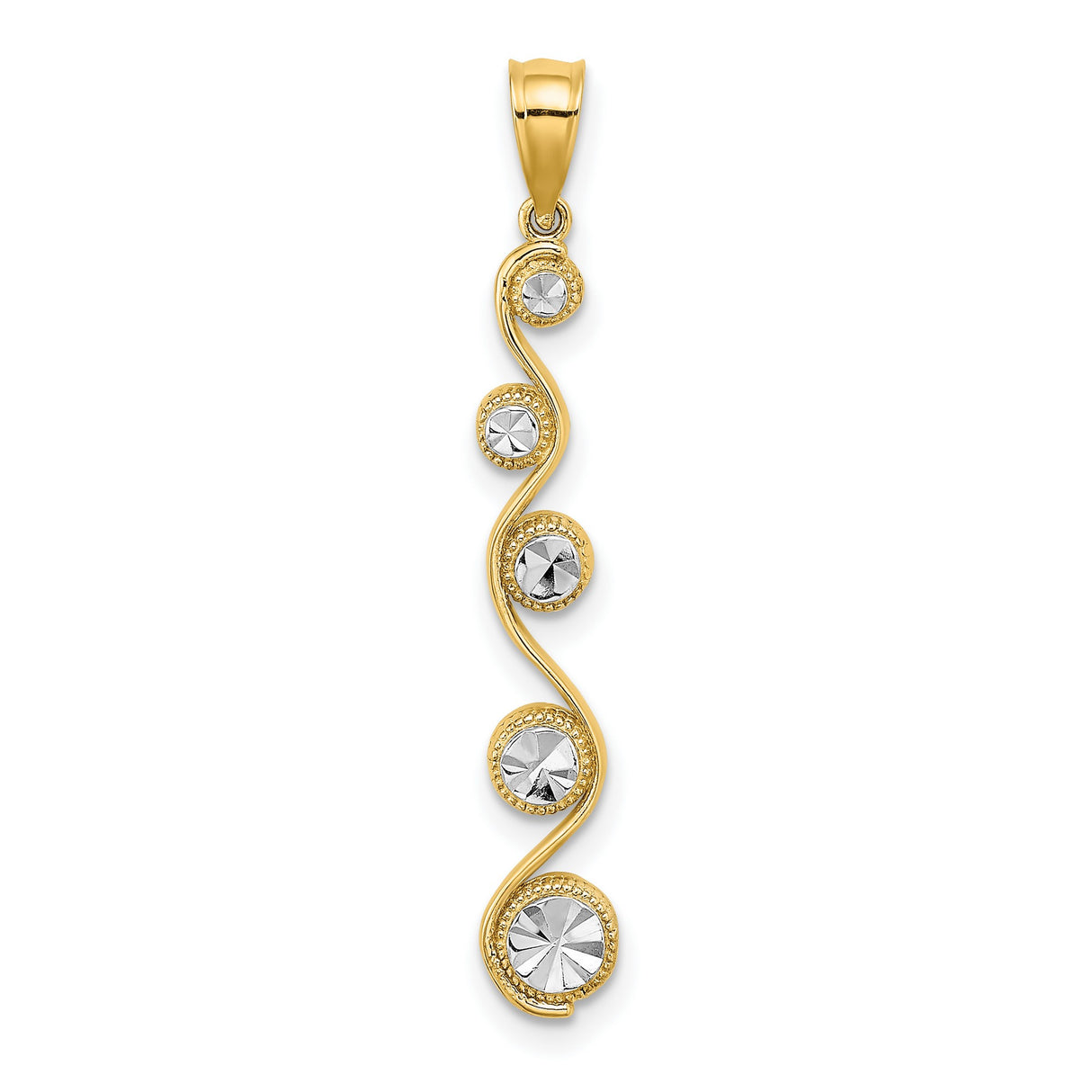 14k Multi-Tone Gold Pendant with Swirl Wave Design and Diamond Cut Circle Accents for Women