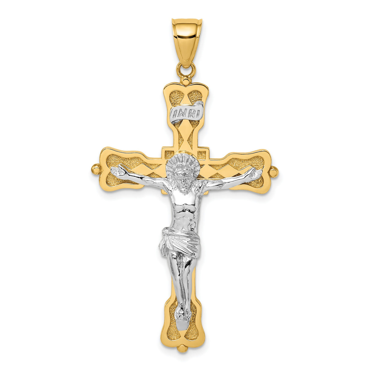 14k Two-Tone Gold Crucifix Pendant with Jesus on the Cross and INRI Engraving
