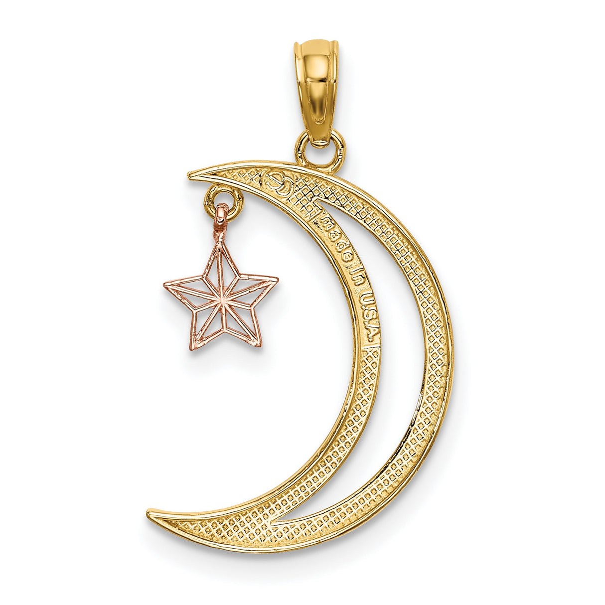 14k Two-Tone Gold Crescent Moon and Star Pendant, Islamic Celestial Charm for Women